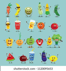Funny healthy food characters- fruits and vegetables with emotions, vector illustrations.