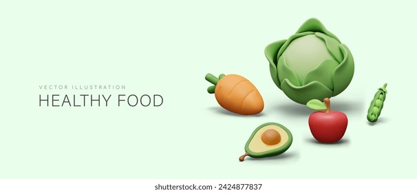 Funny healthy food concept in cartoon style. 3D cabbage, carrot, green peas, apple, avocado