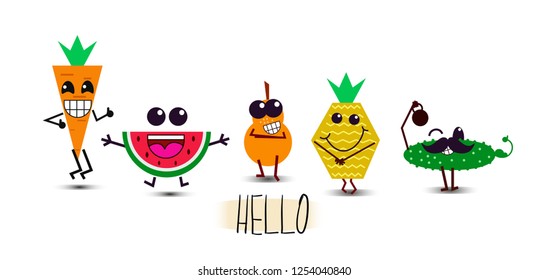 Funny healthy fruits and vegetables characters with emotions, vector illustration on white background