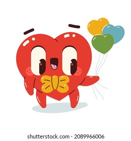 Funny heart with balloons vector cartoon character isolated on a white background.