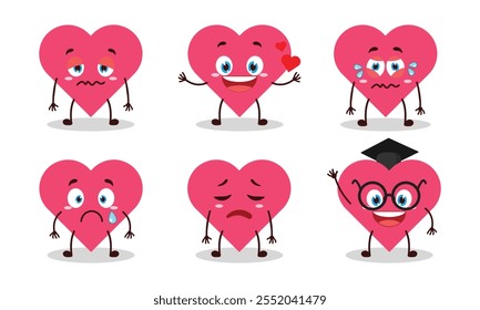 funny heart cartoon character with different pose activity design illustration