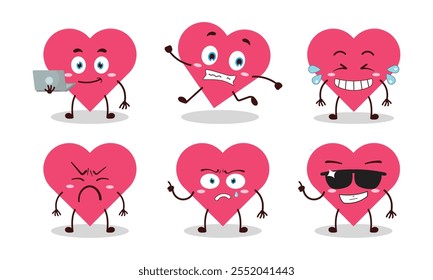 funny heart cartoon character with many pose activity design illustration