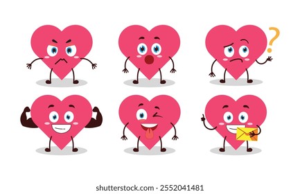 funny heart cartoon with different expressions character design illustration