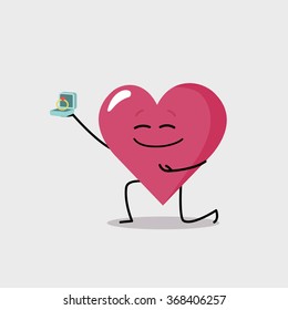 Funny heart character proposing with a ring