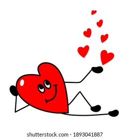 Funny heart character in supine position. Little hearts. Design for Valentine's Day. Suitable for flyers, banners, web, advertising, brochures. Red heart in flat style isolated on white background.