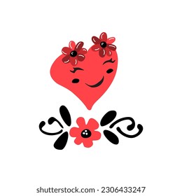 Funny heart with flowers white floral plant cutout collage decor element. Cute cartoon character. Creative hand drawn hearts with emotion. Vector illustration