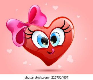 Funny heart girl with crossed eyes with red bow, licking lips on light red background
