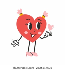 Funny heart girl in groove style. Retro sticker for Valentine's Day on February 14th. Cute character for birthday greetings.