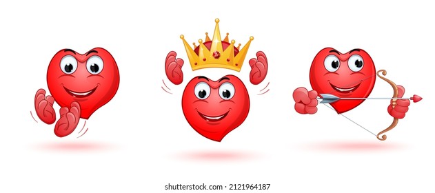 Funny heart icons set. Heart shaped emoji collection. Vector illustration