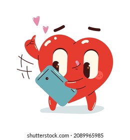 Funny heart with phone vector cartoon character isolated on a white background.
