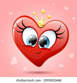 Funny heart queen with crossed eyes on light red background