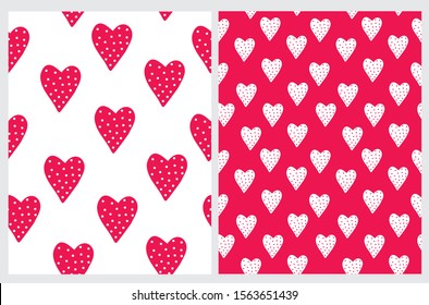 Funny Heart Seamless Vector Patterns. Valentine's Day Symbol Vector Print. Red Dotted Heart Isolated on a White Background. White Love Symbol on a Red Layout. Cute Hand Drawn Romantic Design.