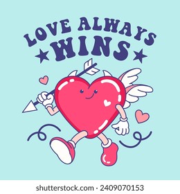 Funny Heart shaped Mascot with Cupid's Arrow. "Love always wins" greeting for Valentine's Day and Romantic Expressions. Groovy vector Illustration. Hand drawn, non AI. 