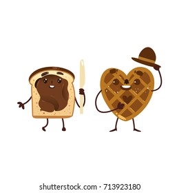 Funny heart shaped waffle, wafer and toast with chocolate spread, breakfast characters, cartoon vector illustration isolated on white background. 