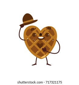 Funny heart shaped waffle, wafer character raising hat in greeting gesture, cartoon vector illustration isolated on white background. Funny smiling heart-shaped wafer character with human face