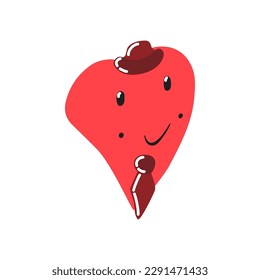 Funny heart with tie and hat. Cute cartoon character. Creative hand drawn hearts with emotion. Vector illustration