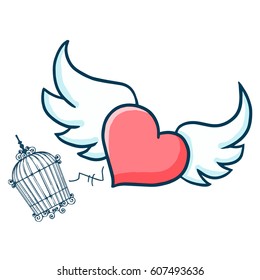Funny heart with wing flying, escape from the bird cage - vector.