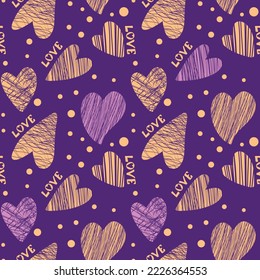 El fondo de corazones divertidos. Material gráfico para tela, papel impreso o envoltorio. Día de San Valentín o antecedentes de cumpleaños. Patrón vectorial transparente