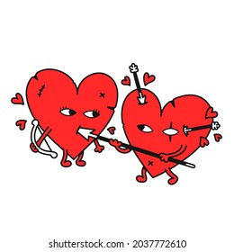 Funny hearts fight. Vector hand drawn doodle cartoon illustration icon. Isolated on white background. Fight,war,love,hearts cartoon print for t-shirt,poster,card concept