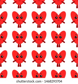 Funny hearts on a white background. Seamless vector pattern for Valentines day, wedding background. Flat style.