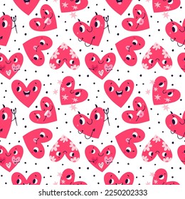 Funny hearts seamless pattern. Cartoon emoji characters. Love and romance symbols. Cute valentines with smiling faces. Emotion expressions. Amour emoticons. Garish vector