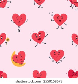 Patrón de corazones divertidos sin fisuras. Amor impresión del corazón para la tela, envoltura, Diseño web. Elemento decorativo del día de San Valentín con personajes de Vector con clase de dibujos animados lindos