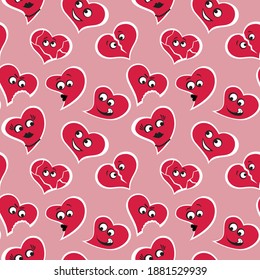 Corazones divertidos. Patrón sin brillo en un fondo rosado. Impresión para el día de San Valentín.