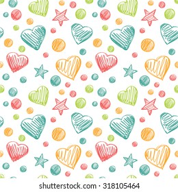 Funny hearts. Seamless vector pattern for your design. Great for Baby, Valentine's Day, Mother's Day, wedding, scrapbook, surface textures.