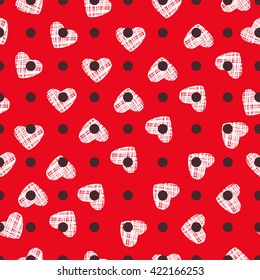 Funny hearts. Seamless vector pattern for your design. Great for Baby, Valentine's Day, Mother's Day, wedding, scrapbook, surface textures. white heart, black polka dots on a bright red background