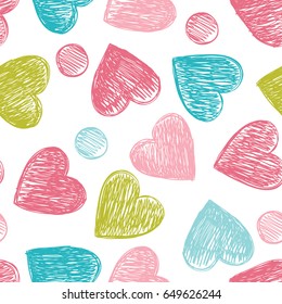 Funny hearts. Seamless vector pattern for your design. Great for Baby, Valentine's Day, Mother's Day, wedding, scrapbook, surface textures.