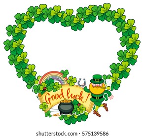 Funny heart-shaped frame with shamrock and leprechaun. St. Patrick Day background. Copy space. Vector clip art.