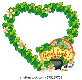 Funny heart-shaped frame with shamrock and leprechaun. St. Patrick Day background. Copy space. Vector clip art.