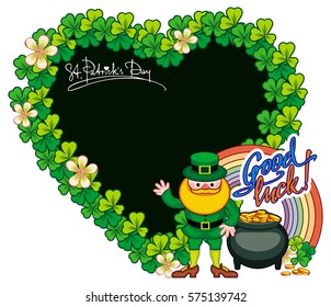 Funny heart-shaped frame with shamrock and leprechaun. St. Patrick Day background. Copy space. Vector clip art.