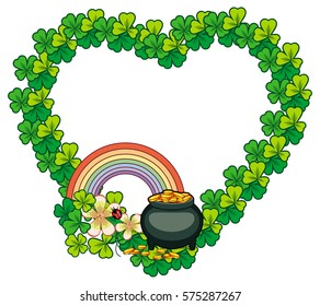 Funny heart-shaped frame with shamrock and leprechaun pot of gold. St. Patrick Day background. Copy space. Vector clip art.