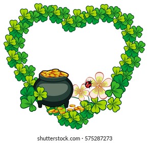 Funny heart-shaped frame with shamrock and leprechaun pot of gold. St. Patrick Day background. Copy space. Vector clip art.