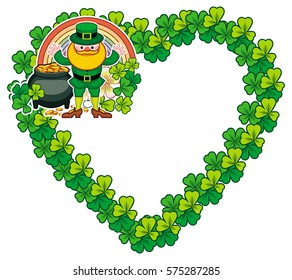 Funny heart-shaped frame with shamrock and leprechaun. St. Patrick Day background. Copy space. Vector clip art.