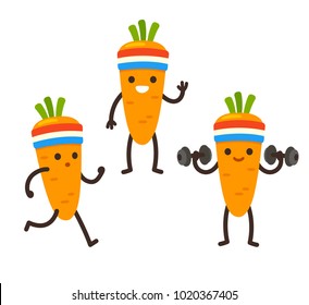 Funny heath and fitness illustration set. Cartoon carrot with sweatband jogging and lifting dumbbells. Cute sporty character drawing.