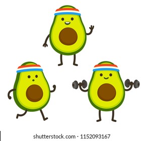 Funny Heath And Fitness Illustration Set. Cartoon Avocado With Sweatband Jogging And Lifting Dumbbells. Cute Sporty Character Drawing, Cardio And Weightlifting.