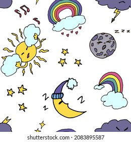 Funny heavenly bodies hand drawn characters seamless vector pattern EPS10 on white backgroud