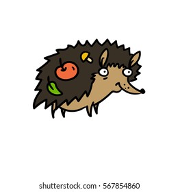 funny hedgehog with apple, leaf and mushroom. vector illustration