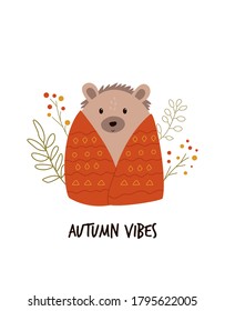 Funny hedgehog in a blanket, cute forest animal. Autumn vibes text. Nursery art, print