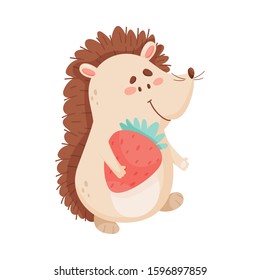 Funny Hedgehog Carrying Big Sweet Strawberry Vector Illustration