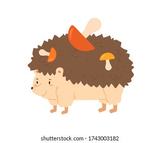 Funny hedgehog carrying colorful mushrooms vector flat illustration. Hand drawn forest animal walking with seasonal food isolated on white background. Adorable wild character with harvest on back