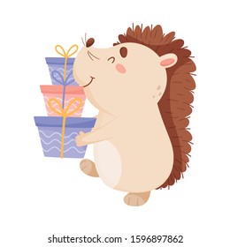 Funny Hedgehog Carrying Gift Boxes in His Paws Vector Illustration