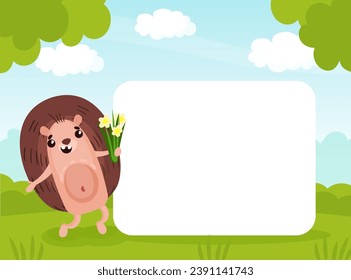 Funny Hedgehog Cartoon Animal on Green Forest Meadow Vector Illustration