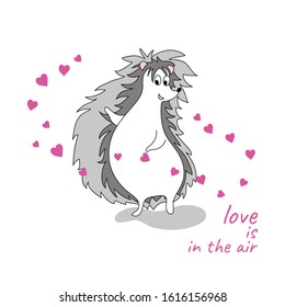 funny hedgehog cartoon animal vector with hearts "love in the air" lettering on white, childish pattern