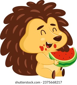 Funny Hedgehog Cartoon Character Eating Watermelon. Vector Illustration Flat Design Isolated On Transparent Background