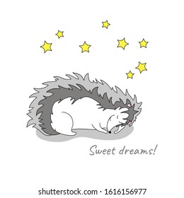 funny hedgehog cartoon sleeping  animal vector "sweet dreams" text on white, childish pattern