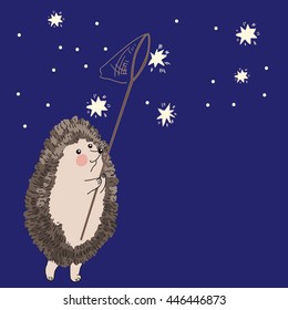 Funny hedgehog catching stars. Vector illustration