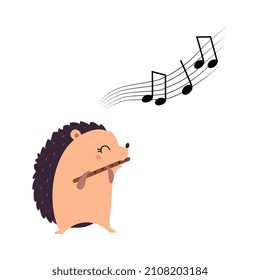 Funny Hedgehog Character Playing Flute Performing Concert Vector Illustration